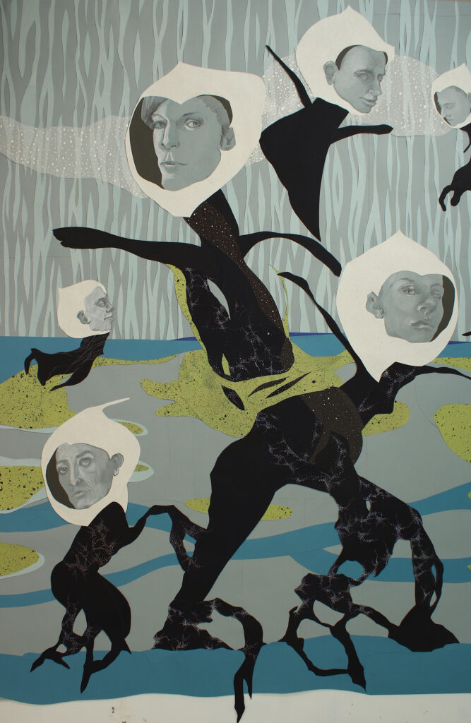 6 grey faces with abstract black bodies on a grey, blue, and gold background